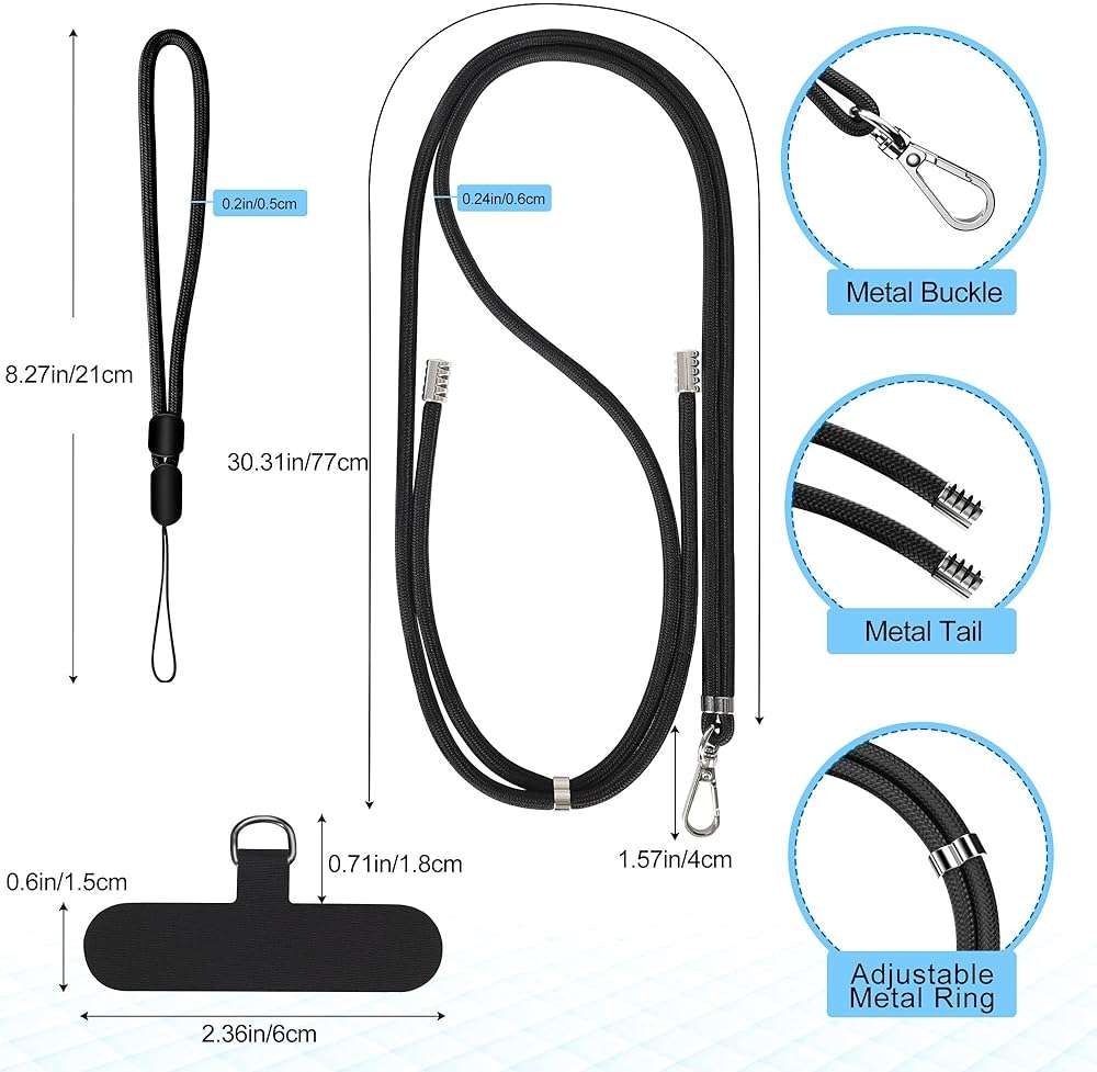 takyu Phone Lanyard, 2 Pack Adjustable Cell Phone Lanyard Crossbody Neck Strap & 2 Pack Phone Wrist Strap with 2 Pcs Tether Tabs Compatible for iPhone Android Smartphones-Black Grey - Image 3