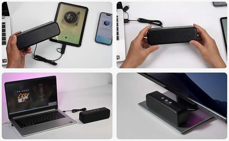 Computer Speakers for Desktop PC Laptop, Wired, USB Plug-in, External Speakers for Monitor, Small Computer Sound bar for PC, Loud Speaker with Deep Bass, Touch Control, Built-in USB-C to USB Adapter - Image 6