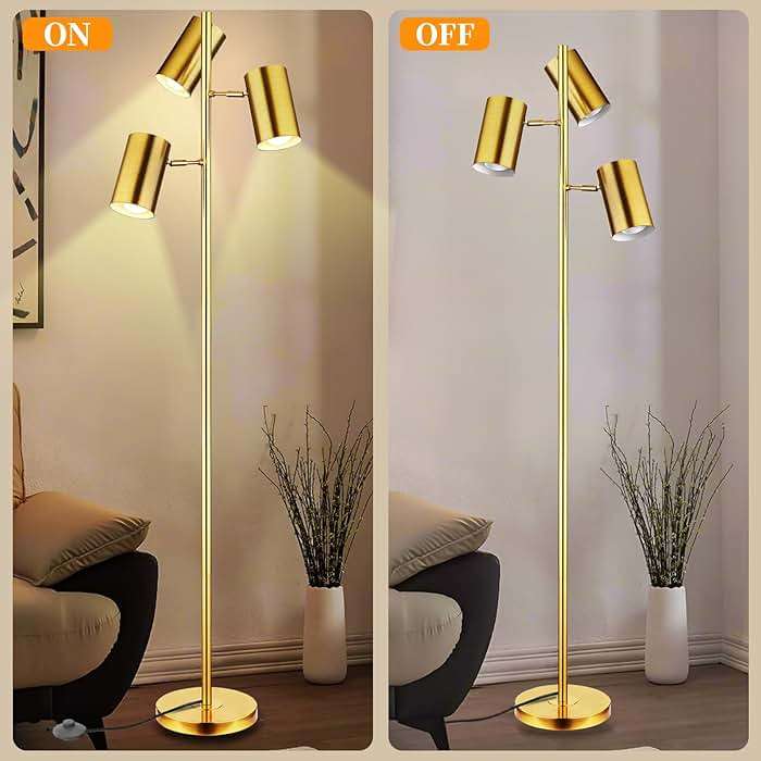 Tree Floor Lamp with 3 Light Bulbs,Gold Standing Tall Pole Lamp with 3 Adjustable Rotating Lights,Farmhouse Floor Lamp for Living Room Bedroom Office,Vintage Standing Lamp 9W E26 LED Bulbs Included - Image 2