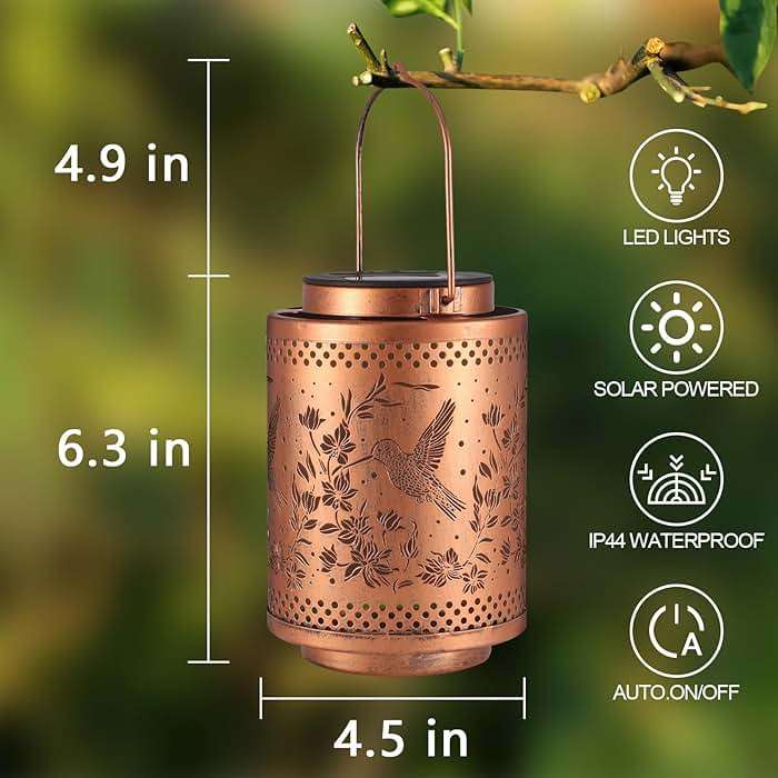 Hummingbird Solar Lanterns Garden Decor Birthday Gifts for Women Mon Grandma Metal Hanging Solar Lights Waterproof Outdoor Decoration for Outside LED Lanterns for Yard Patio Lawn Pathway Landscape - Image 3
