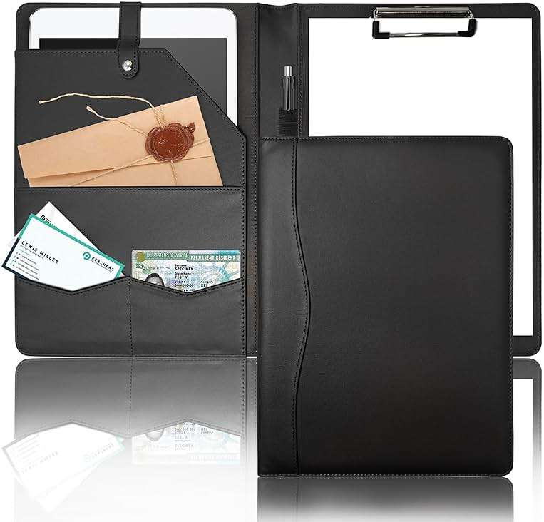 Padfolio Portfolio Binder, Leather Clipboard Folder Briefcase Loose-Leaf Binder with Cover Brown Folder with Pockets Resume Folder for Business School Office Meeting Men Women's Business (A4, Black) - Image 1