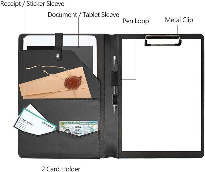 Padfolio Portfolio Binder, Leather Clipboard Folder Briefcase Loose-Leaf Binder with Cover Brown Folder with Pockets Resume Folder for Business School Office Meeting Men Women's Business (A4, Black) - Image 6