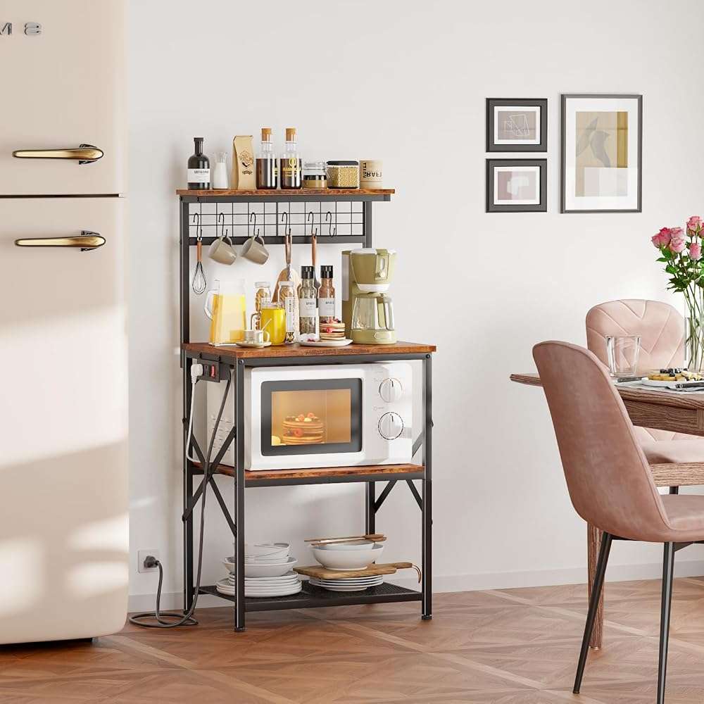 Furologee Kitchen Bakers Rack with Power Outlet, Microwave Oven Stand with Storage 4 Tiers, Coffee Bar Table with 6 S Hooks, Kitchen Storage Shelf Rack for Spices, Pots, Rustic Brown - Image 2