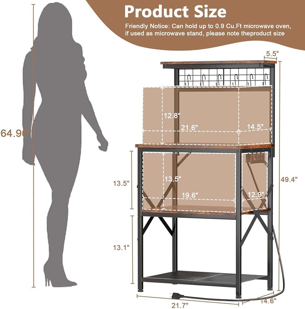 Furologee Kitchen Bakers Rack with Power Outlet, Microwave Oven Stand with Storage 4 Tiers, Coffee Bar Table with 6 S Hooks, Kitchen Storage Shelf Rack for Spices, Pots, Rustic Brown - Image 3