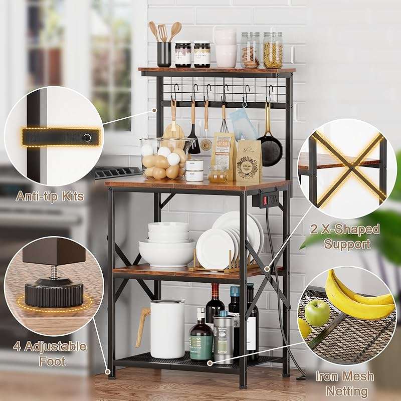 Furologee Kitchen Bakers Rack with Power Outlet, Microwave Oven Stand with Storage 4 Tiers, Coffee Bar Table with 6 S Hooks, Kitchen Storage Shelf Rack for Spices, Pots, Rustic Brown - Image 5