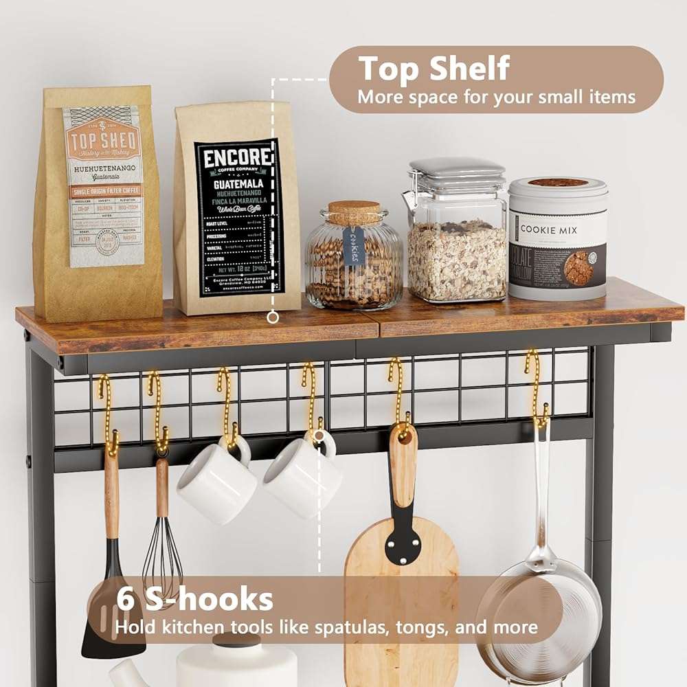 Furologee Kitchen Bakers Rack with Power Outlet, Microwave Oven Stand with Storage 4 Tiers, Coffee Bar Table with 6 S Hooks, Kitchen Storage Shelf Rack for Spices, Pots, Rustic Brown - Image 6
