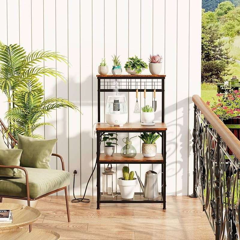 Furologee Kitchen Bakers Rack with Power Outlet, Microwave Oven Stand with Storage 4 Tiers, Coffee Bar Table with 6 S Hooks, Kitchen Storage Shelf Rack for Spices, Pots, Rustic Brown - Image 9