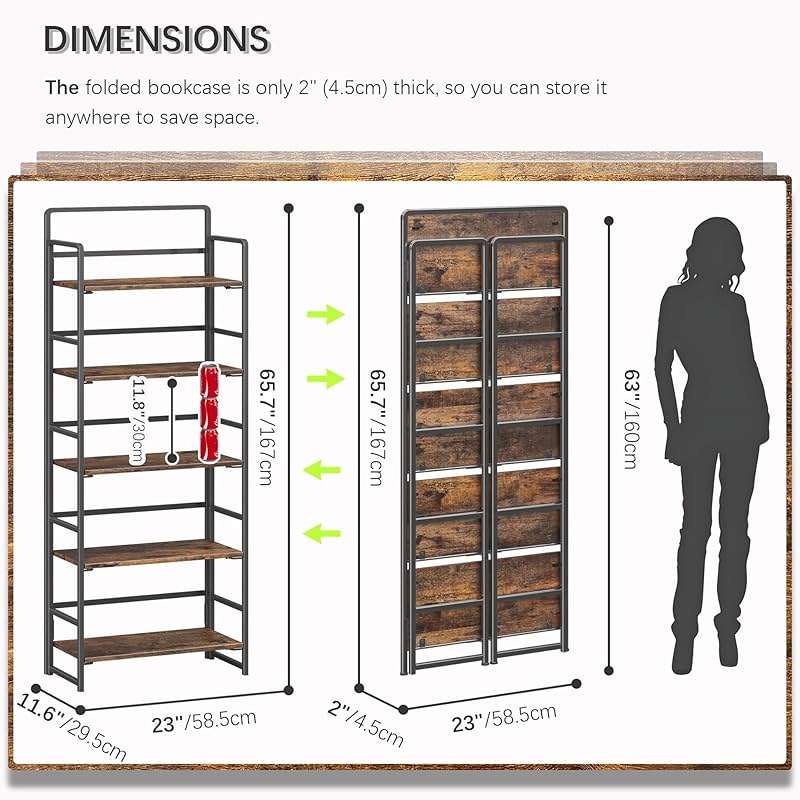 4NM No Assembly 5 Tiers Folding Bookshelf Storage Shelves Vintage Bookcase Standing Racks Study Organizer Home Office (Rustic Brown Black) - Image 2