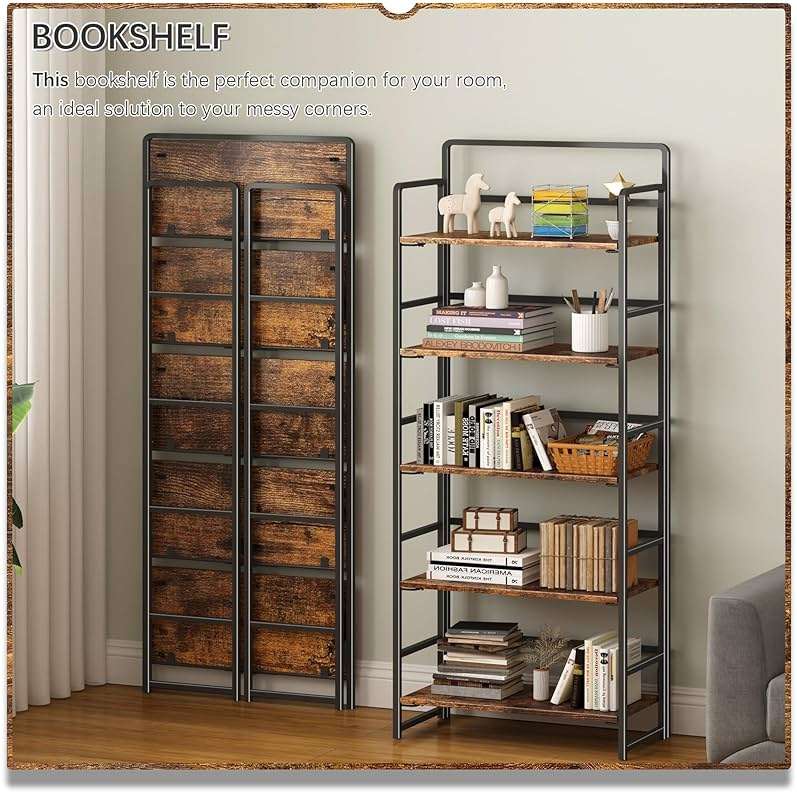 4NM No Assembly 5 Tiers Folding Bookshelf Storage Shelves Vintage Bookcase Standing Racks Study Organizer Home Office (Rustic Brown Black) - Image 3