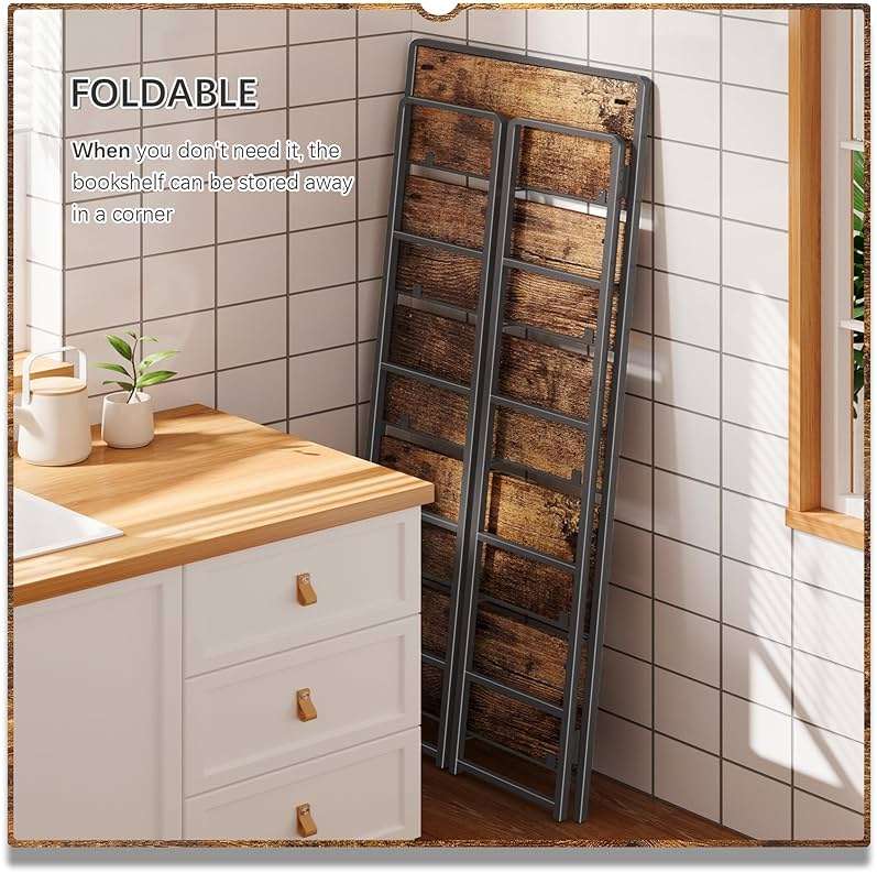 4NM No Assembly 5 Tiers Folding Bookshelf Storage Shelves Vintage Bookcase Standing Racks Study Organizer Home Office (Rustic Brown Black) - Image 4