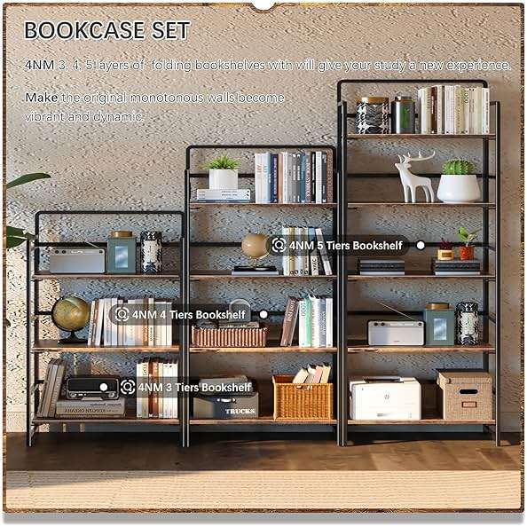 4NM No Assembly 5 Tiers Folding Bookshelf Storage Shelves Vintage Bookcase Standing Racks Study Organizer Home Office (Rustic Brown Black) - Image 5