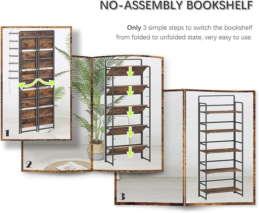 4NM No Assembly 5 Tiers Folding Bookshelf Storage Shelves Vintage Bookcase Standing Racks Study Organizer Home Office (Rustic Brown Black) - Image 6