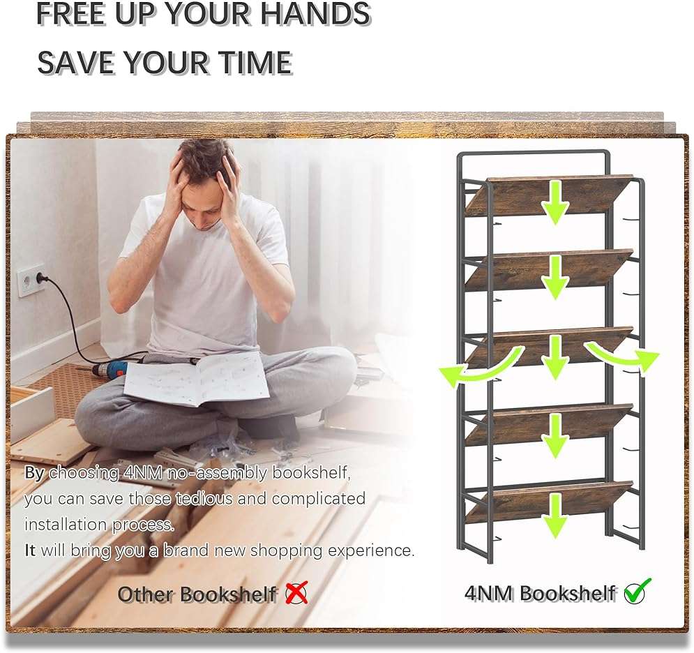 4NM No Assembly 5 Tiers Folding Bookshelf Storage Shelves Vintage Bookcase Standing Racks Study Organizer Home Office (Rustic Brown Black) - Image 7