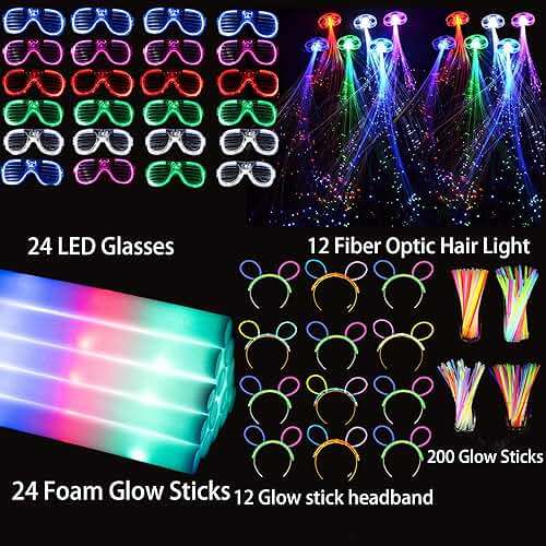 272 PCs Glow Party Supplies, 24 Foam Glow Sticks, 24 LED Glasses and 200 Glow Sticks ＆ Bracelets, 12 Glow sticks headband 12 Fiber Optic Hair Light，Glow Neon Party Favors for Wedding, Concert, Raves - Image 3
