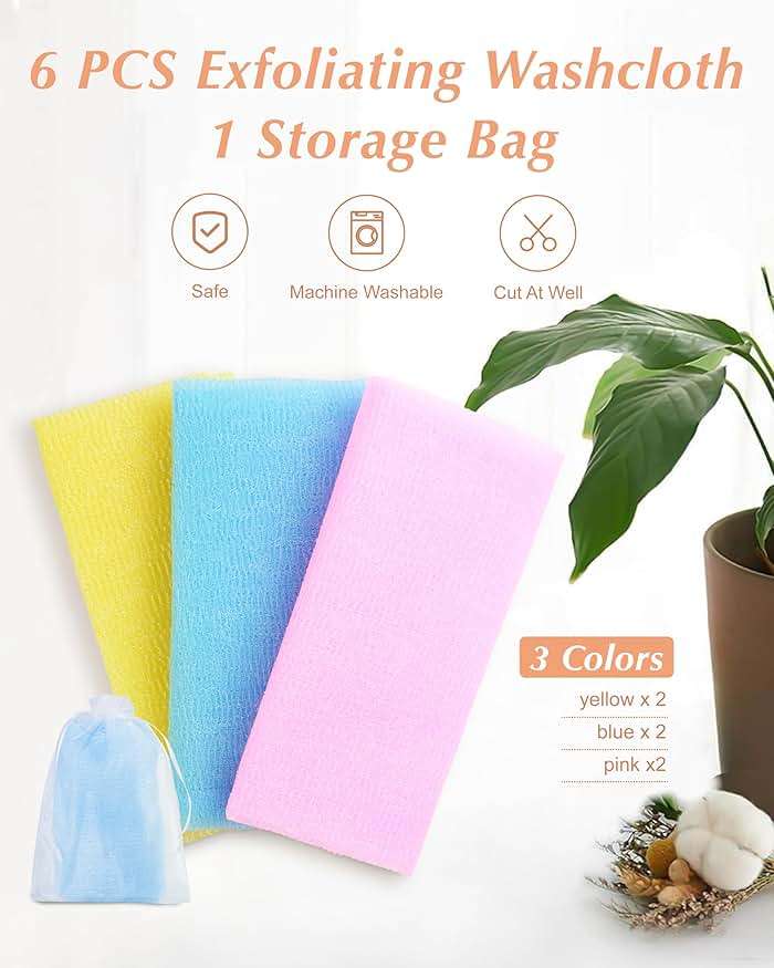 6 PCS Exfoliating Washcloth, 35 Inch 3 Colors Nylon Bath Exfoliating Towel for Shower, Colorful Japanese Washcloth, Exfoliating Body Scrubber (Blue, Yellow, Pink) - Image 2
