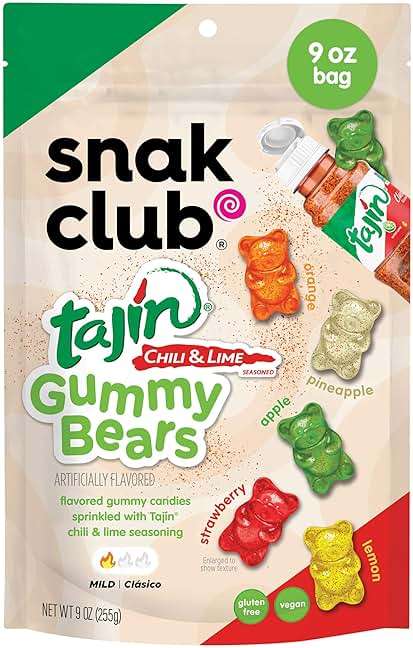 Snak Club Tajin Gummy Bears, Assorted Fruit Candy Gummies with Chili and Lime Seasoning, Mild, Gluten-Free and Vegan Snacks, 9 oz Resealable Bag - Image 1