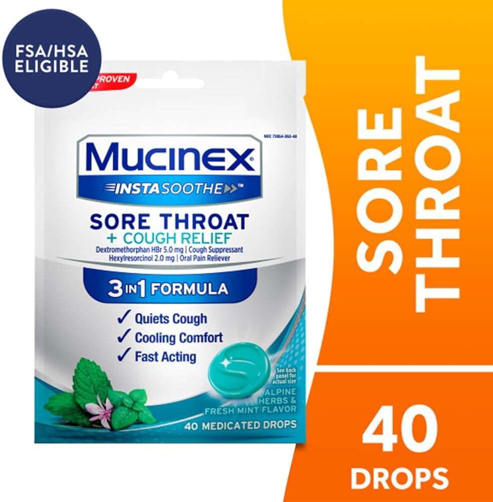 Mucinex InstaSoothe Sore Throat + Cough Relief Alpine Herbs & Mint Flavor, Fast Acting, Cooling Comfort, Powerful Sore Throat Oral Pain Reliever, 40 Medicated Drops (40 Count (Pack of 3)) - Image 2