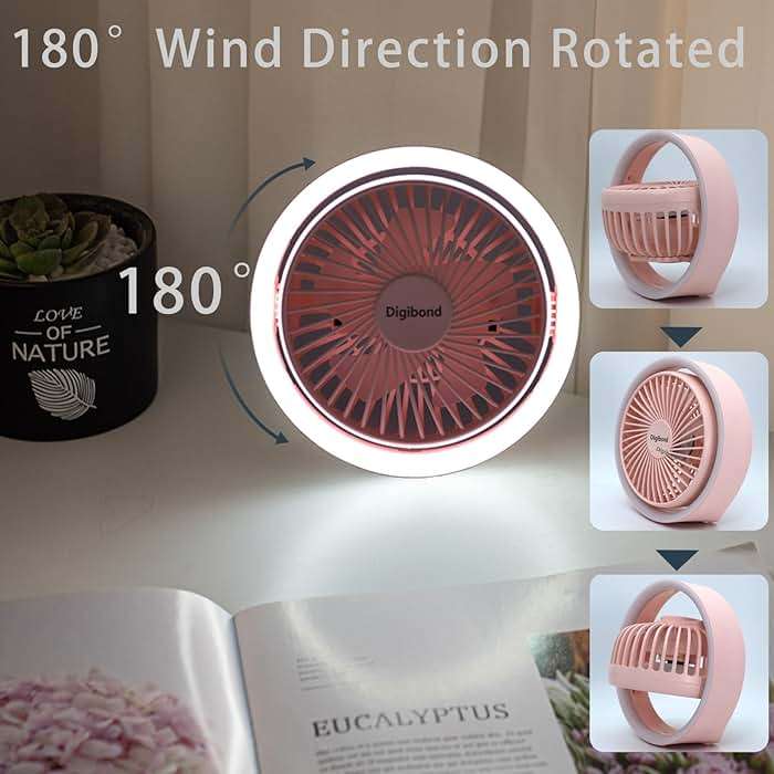 Digibond Pink Desk Fan, Small Quiet with Ambient Light/Hook Portable USB Fan 5.3in High Power 3000mAH Rechargeable Battery Operate 3 Speed 180°Rotated Easy Clean - Image 5
