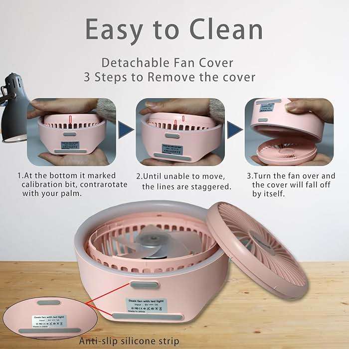 Digibond Pink Desk Fan, Small Quiet with Ambient Light/Hook Portable USB Fan 5.3in High Power 3000mAH Rechargeable Battery Operate 3 Speed 180°Rotated Easy Clean - Image 6