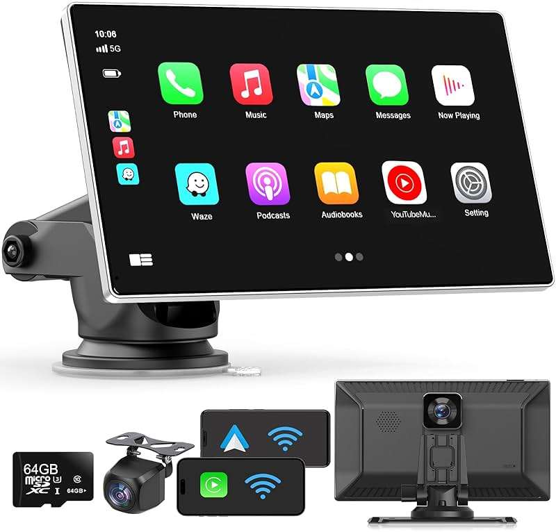 Madoec Portable Apple Carplay Screen for Car, 9" Wireless Apple Carplay & Android Auto,4K Dash Cam,1080p Backup Camera DVR,Car Audio Receivers GPS Navigation Mirror Link, Bluetooth,FM, Siri - Image 1