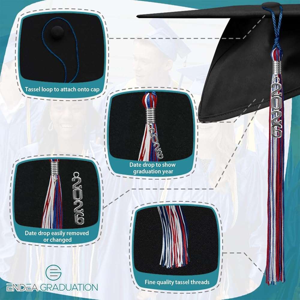 Endea Graduation Mixed Triple Color Tassel with Silver Stacked Date Drop - Image 3