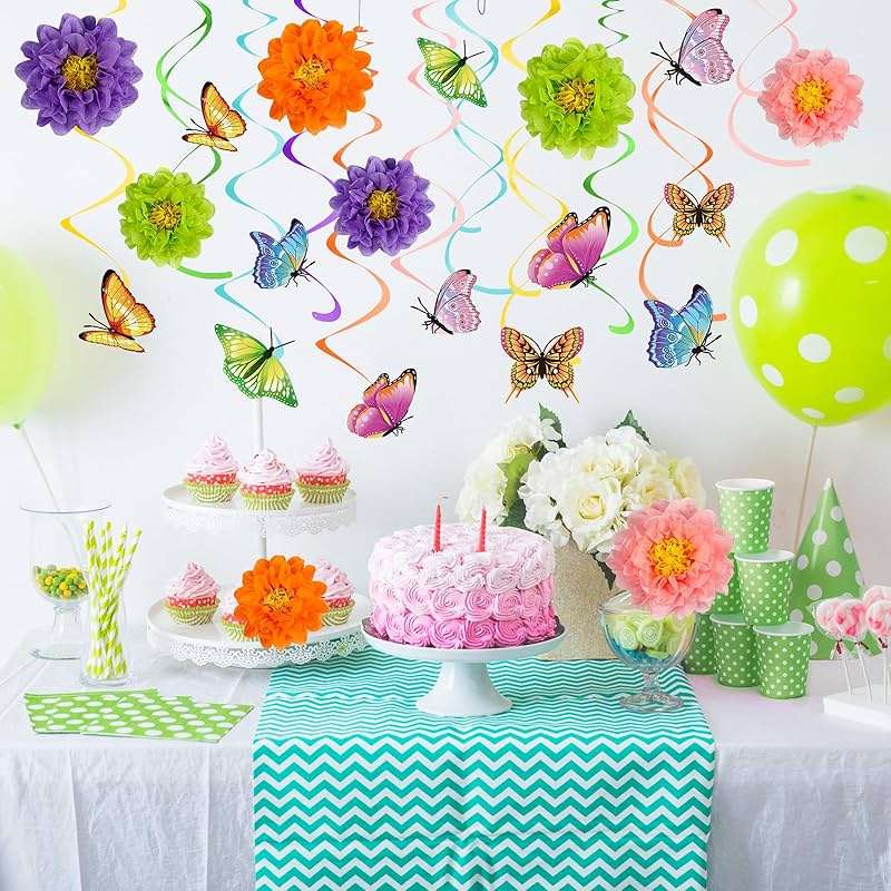 Pasimy 62 Pcs Spring 3D Flower Butterfly Hanging Swirls Decorations Butterfly Cutouts with Floral Paper Ball Colorful Ceiling Streamers for Birthday Summer Easter Party Baby Shower Wedding Home - Image 2