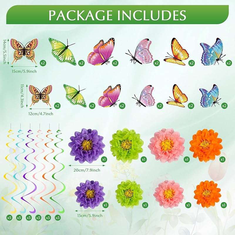 Pasimy 62 Pcs Spring 3D Flower Butterfly Hanging Swirls Decorations Butterfly Cutouts with Floral Paper Ball Colorful Ceiling Streamers for Birthday Summer Easter Party Baby Shower Wedding Home - Image 3