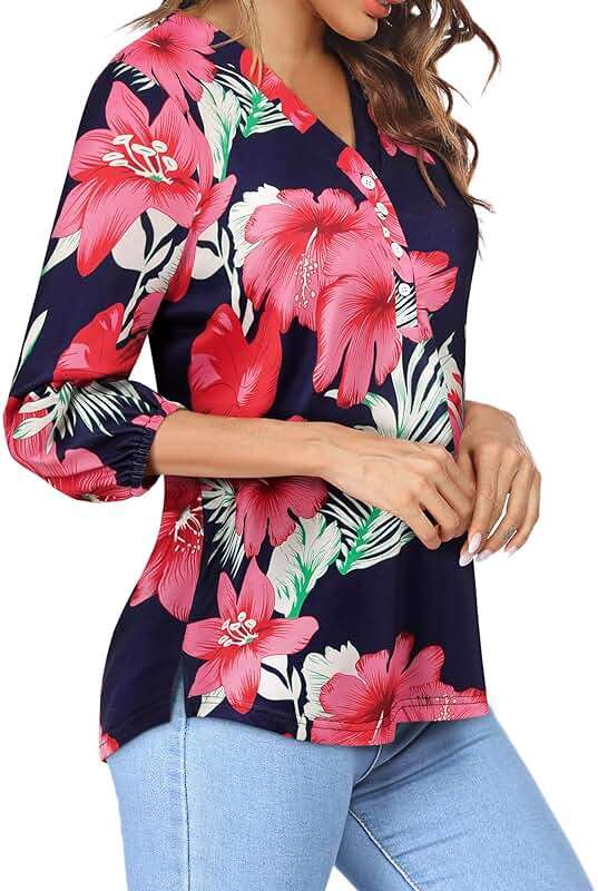 SLEITY Womens 3/4 Sleeve Hawaiian Shirts V Neck Summer Floral Printed Shirt Casual Buttons Down Soft Tunic Tops - Image 2