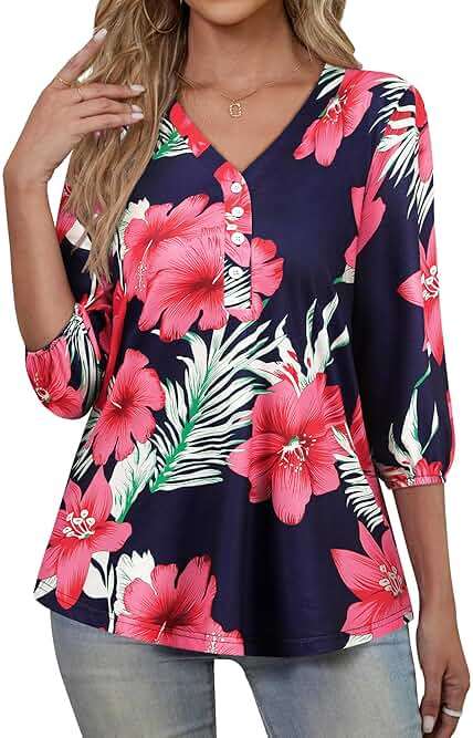 SLEITY Womens 3/4 Sleeve Hawaiian Shirts V Neck Summer Floral Printed Shirt Casual Buttons Down Soft Tunic Tops - Image 3