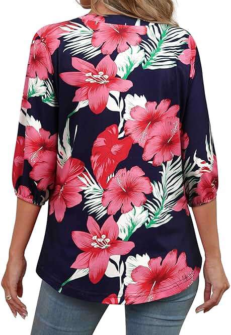 SLEITY Womens 3/4 Sleeve Hawaiian Shirts V Neck Summer Floral Printed Shirt Casual Buttons Down Soft Tunic Tops - Image 4