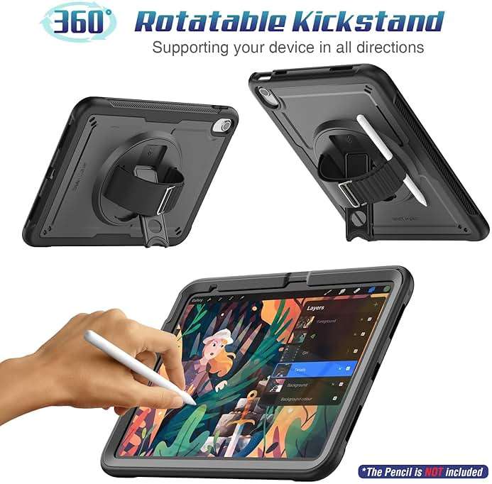 SEYMAC stock Case for iPad A16 11-inch Case 2025/ for iPad 11th/ 10th Generation 10.9'' 2022, Protective with Screen Protector, Pen Holder, Rotate Stand, Loop Nylon Hand Strap, Shoulder Strap, Black - Image 4