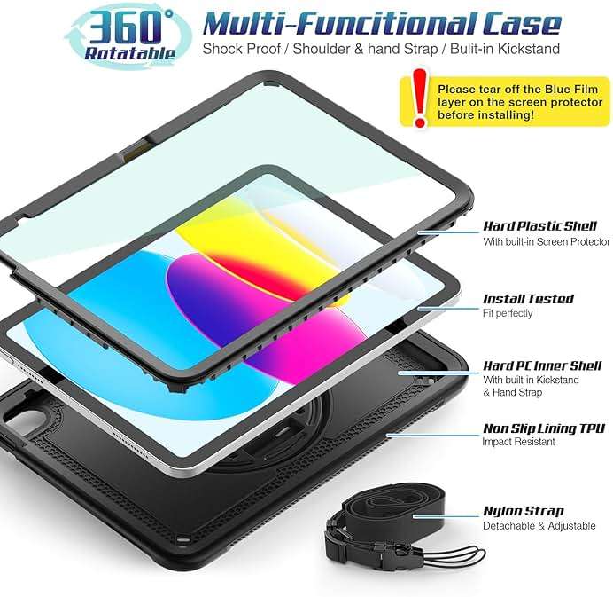 SEYMAC stock Case for iPad A16 11-inch Case 2025/ for iPad 11th/ 10th Generation 10.9'' 2022, Protective with Screen Protector, Pen Holder, Rotate Stand, Loop Nylon Hand Strap, Shoulder Strap, Black - Image 7