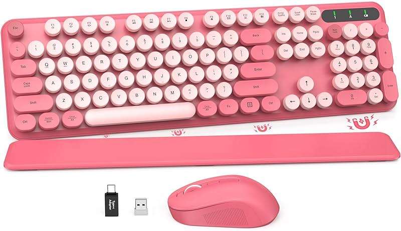 Wireless Keyboard and Mouse Combo, Cute Hot Pink Full-Size Retro Typewriter Keyboard with Round Keycaps, Magnetic Wrist Rest, Tilt Legs, 2.4GHz Cordless for Mac, Windows PC, Laptop, SABLUTE CK23 - Image 1