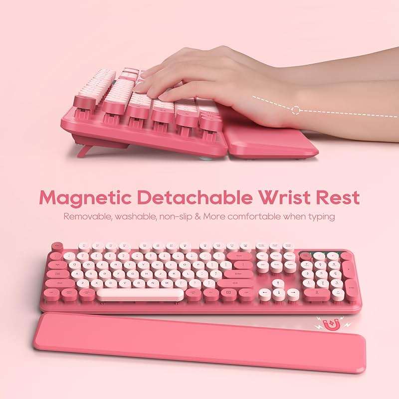 Wireless Keyboard and Mouse Combo, Cute Hot Pink Full-Size Retro Typewriter Keyboard with Round Keycaps, Magnetic Wrist Rest, Tilt Legs, 2.4GHz Cordless for Mac, Windows PC, Laptop, SABLUTE CK23 - Image 2