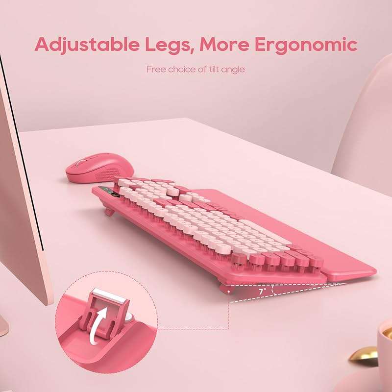 Wireless Keyboard and Mouse Combo, Cute Hot Pink Full-Size Retro Typewriter Keyboard with Round Keycaps, Magnetic Wrist Rest, Tilt Legs, 2.4GHz Cordless for Mac, Windows PC, Laptop, SABLUTE CK23 - Image 3