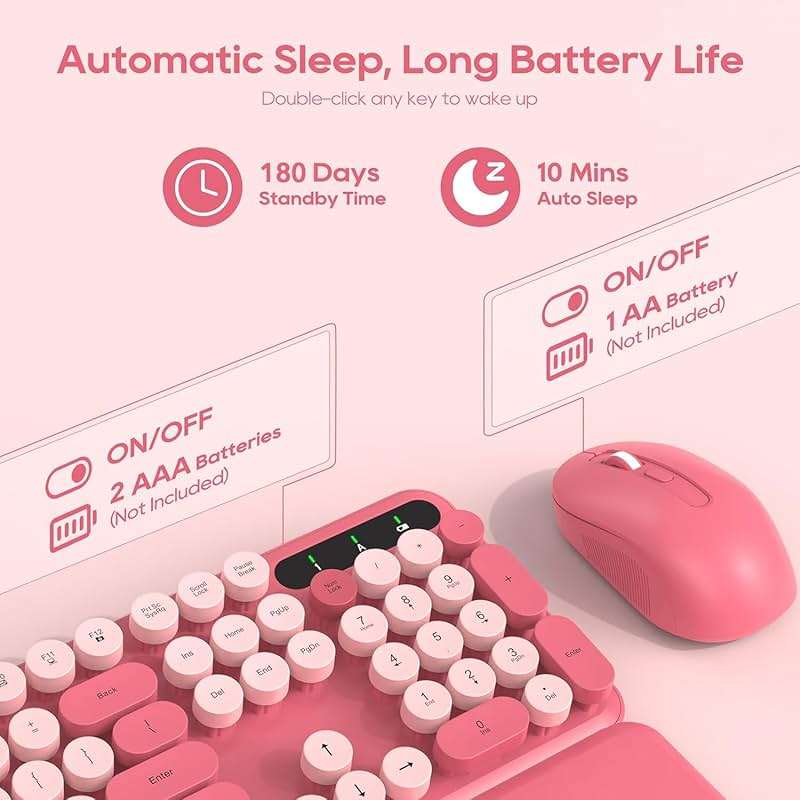 Wireless Keyboard and Mouse Combo, Cute Hot Pink Full-Size Retro Typewriter Keyboard with Round Keycaps, Magnetic Wrist Rest, Tilt Legs, 2.4GHz Cordless for Mac, Windows PC, Laptop, SABLUTE CK23 - Image 4