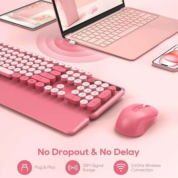 Wireless Keyboard and Mouse Combo, Cute Hot Pink Full-Size Retro Typewriter Keyboard with Round Keycaps, Magnetic Wrist Rest, Tilt Legs, 2.4GHz Cordless for Mac, Windows PC, Laptop, SABLUTE CK23 - Image 5
