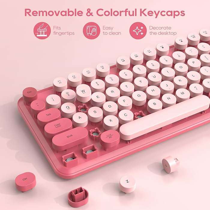 Wireless Keyboard and Mouse Combo, Cute Hot Pink Full-Size Retro Typewriter Keyboard with Round Keycaps, Magnetic Wrist Rest, Tilt Legs, 2.4GHz Cordless for Mac, Windows PC, Laptop, SABLUTE CK23 - Image 7