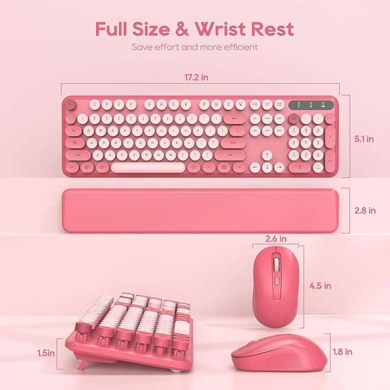 Wireless Keyboard and Mouse Combo, Cute Hot Pink Full-Size Retro Typewriter Keyboard with Round Keycaps, Magnetic Wrist Rest, Tilt Legs, 2.4GHz Cordless for Mac, Windows PC, Laptop, SABLUTE CK23 - Image 8