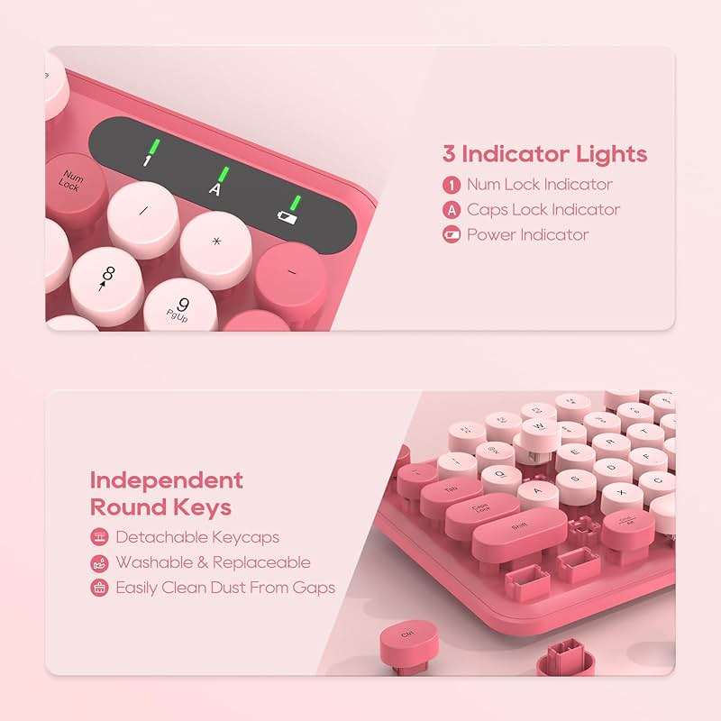 Wireless Keyboard and Mouse Combo, Cute Hot Pink Full-Size Retro Typewriter Keyboard with Round Keycaps, Magnetic Wrist Rest, Tilt Legs, 2.4GHz Cordless for Mac, Windows PC, Laptop, SABLUTE CK23 - Image 9
