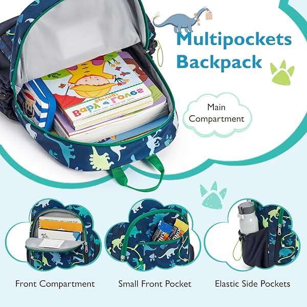 mommore Kids Backpack for Kindergarten Water Resistant Preschool Backpack Dinosaur Boys Bookbag Age 4-6 - Image 4