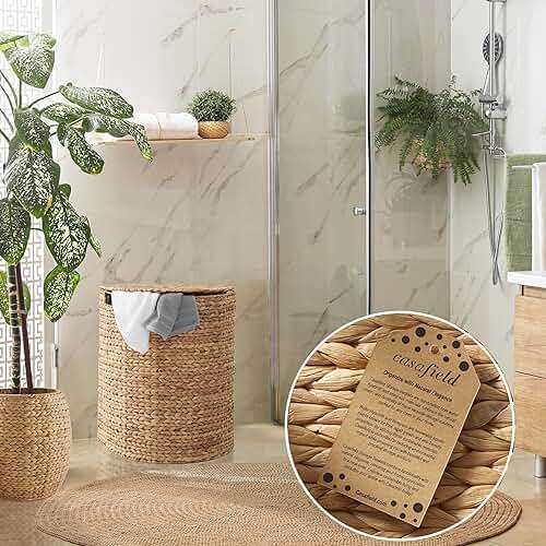 Casafield Half Moon Laundry Hamper with Lid and Removable Liner Bag - Natural, Woven Water Hyacinth Laundry Basket for Clothes and Towels - Image 3