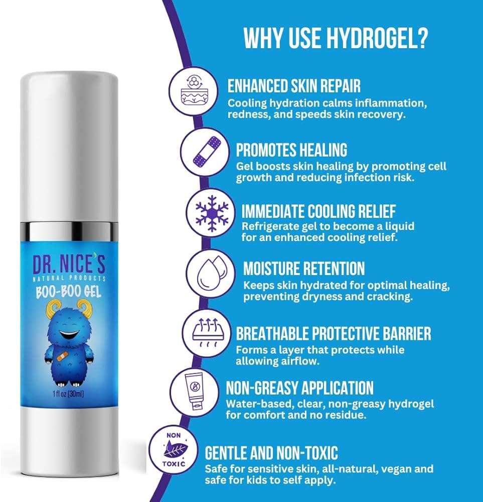 Boo Boo Gel for Kids by DR. NICE'S – First Aid Hydrogel for Cuts, Scrapes, Minor Burns, Blisters, Chafing & Skin Irritations, Cooling & Soothing Skin  Repair Gel, Made in USA, 01 fl oz - Image 6