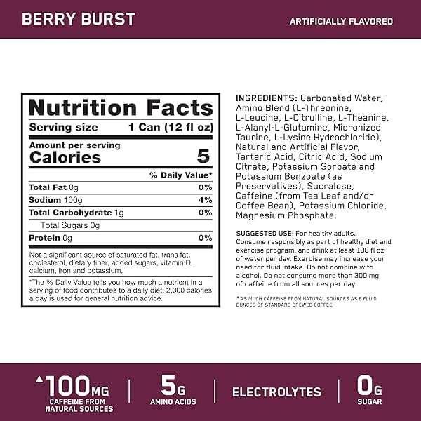 Optimum Nutrition Amino Energy Sparkling Hydration Drink, Electrolytes, Caffeine, Amino Acids, BCAAs, Sugar Free, Berry Burst, 12 Fl Oz, 12 Pack - Image 3