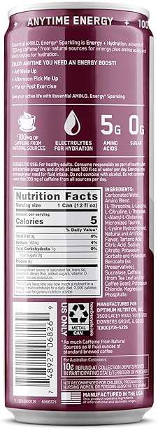 Optimum Nutrition Amino Energy Sparkling Hydration Drink, Electrolytes, Caffeine, Amino Acids, BCAAs, Sugar Free, Berry Burst, 12 Fl Oz, 12 Pack - Image 10