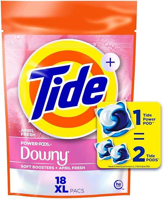 Tide Power PODs + Downy Laundry Detergent Pods, 18 Count, Soft Boosters + April Fresh - Image 1