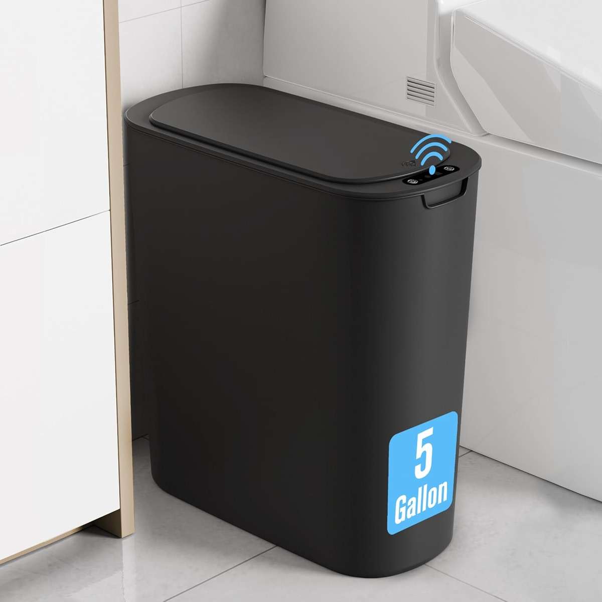 Cesun Motion Sensor Trash Can, 5 Gallon Automatic Bathroom Garbage Can with Lid, Touchless Smart Plastic Slim Wastebasket for Bathroom, Office, rv, Bedroom, Living Room, Black - Image 1