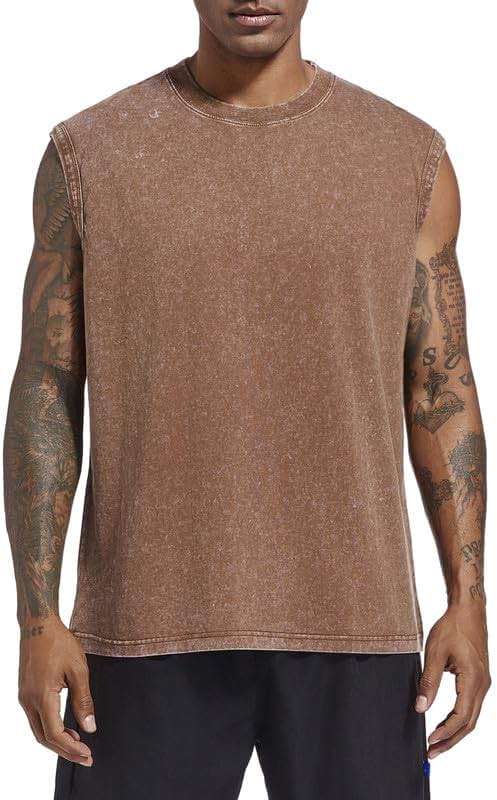 Wrenpies Mens Cotton Workout Gym Tank Top Sleeveless Cut Off Muscle Shirts Acid Wash Tshirts Running Beach Loose Fit Tees - Image 1