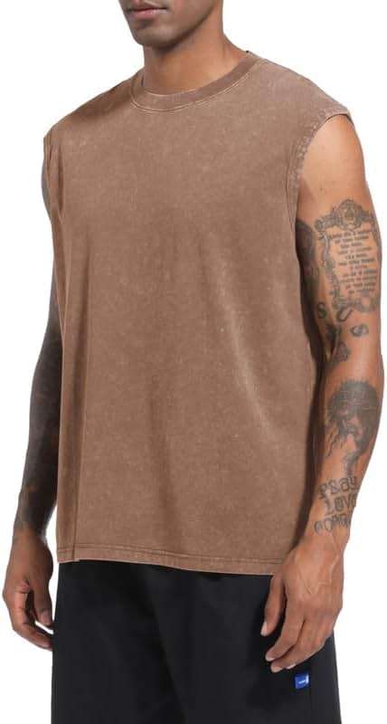 Wrenpies Mens Cotton Workout Gym Tank Top Sleeveless Cut Off Muscle Shirts Acid Wash Tshirts Running Beach Loose Fit Tees - Image 3