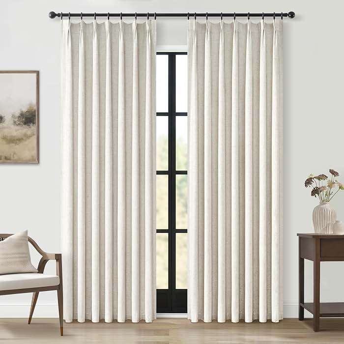 Topfinel Pinch Pleat Full Blackout Curtains & Drapes 84 Inch Length 2 Panels Set, Flax Linen Room Darkening Soundproof Curtains with Hooks Rings for Bedroom Living Room Track System, Beige Ivory Cream - Image 1